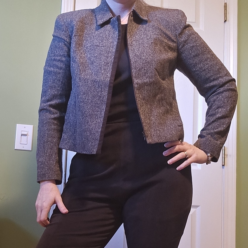 Ann Taylor Brown Tweed Zip Crop Blazer Jacket Wool Silk Blend